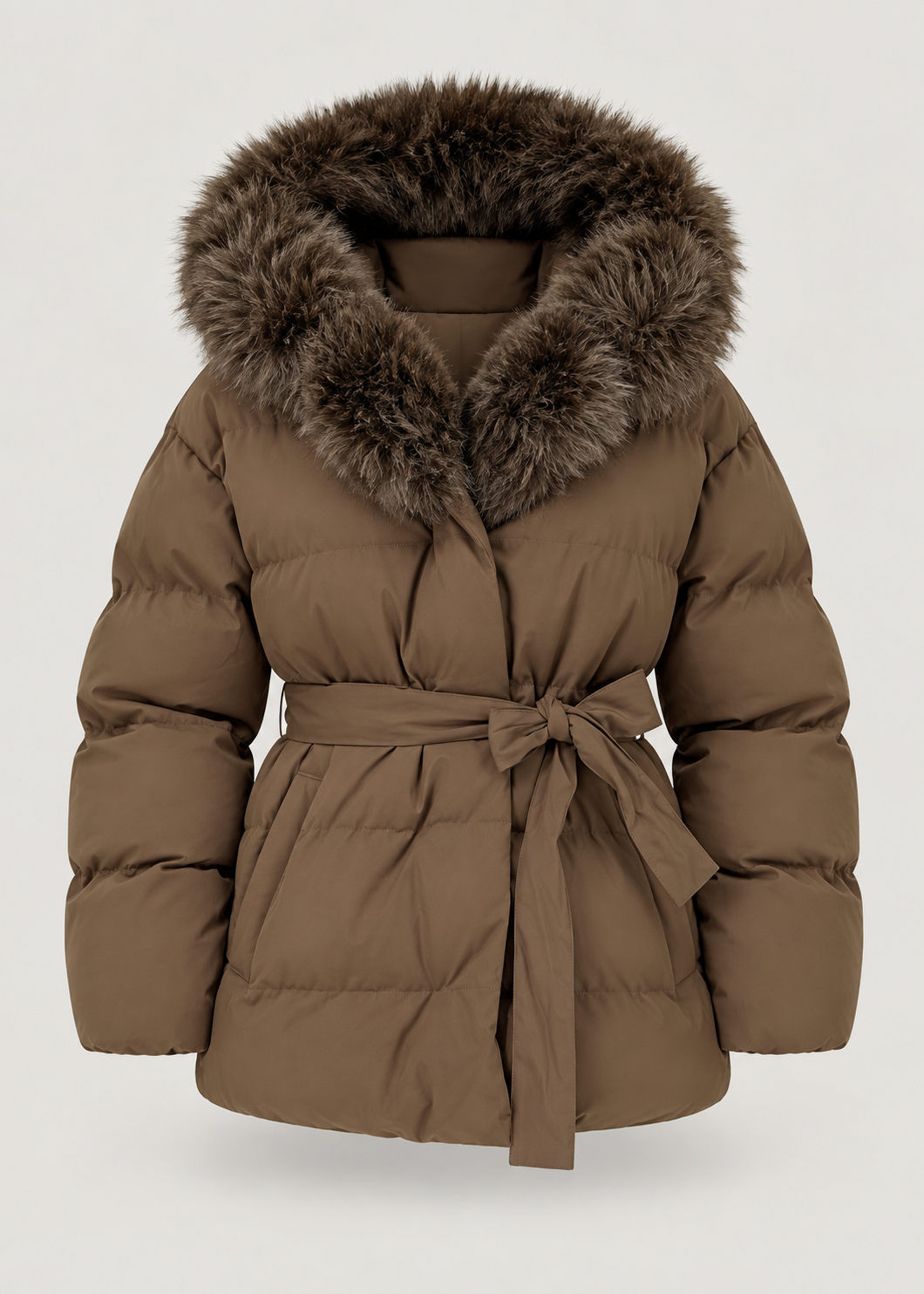 Veste matelassée brune à capuche et ceinture — pièce isolée, vue de face.