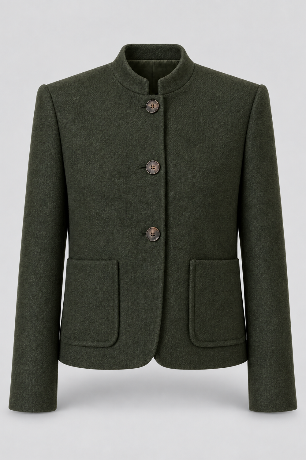 Veste vert foncé à col officier et poches plaquées, pièce isolée de face