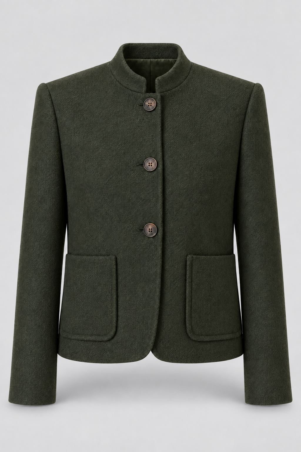 Veste vert foncé à col officier et poches plaquées, pièce isolée de face