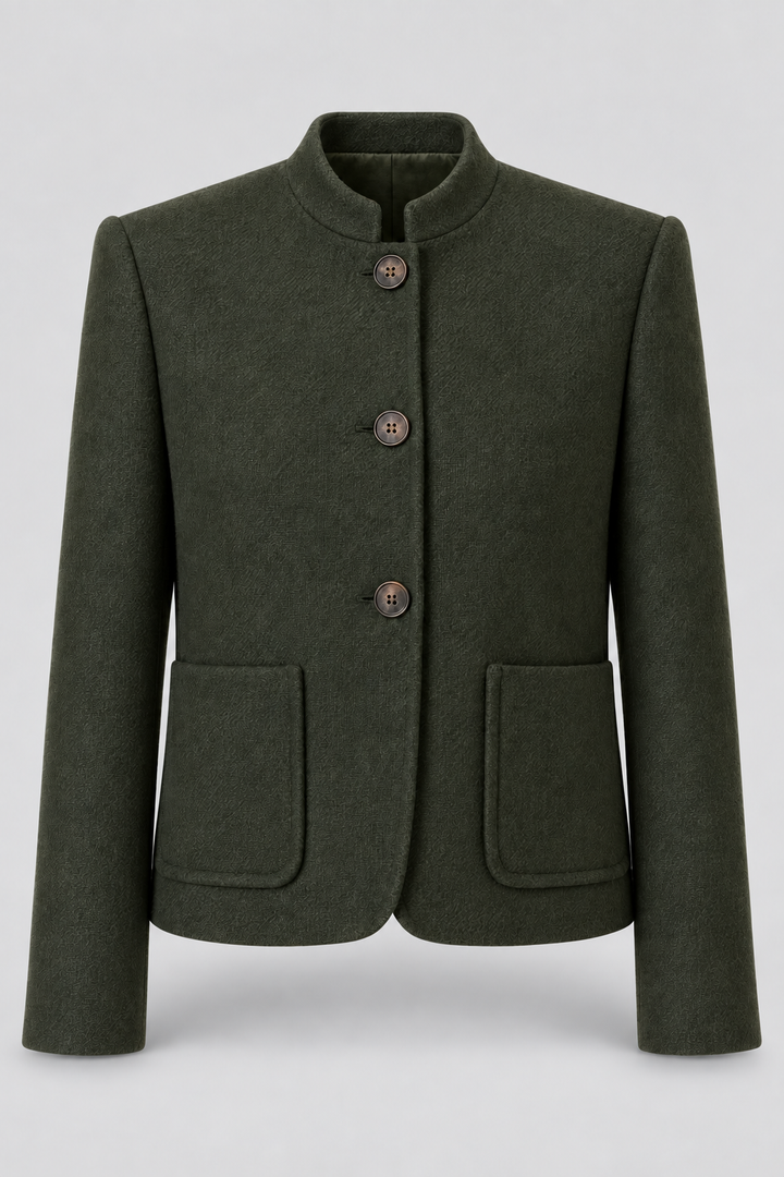 Veste vert foncé à col officier et poches plaquées, pièce isolée de face