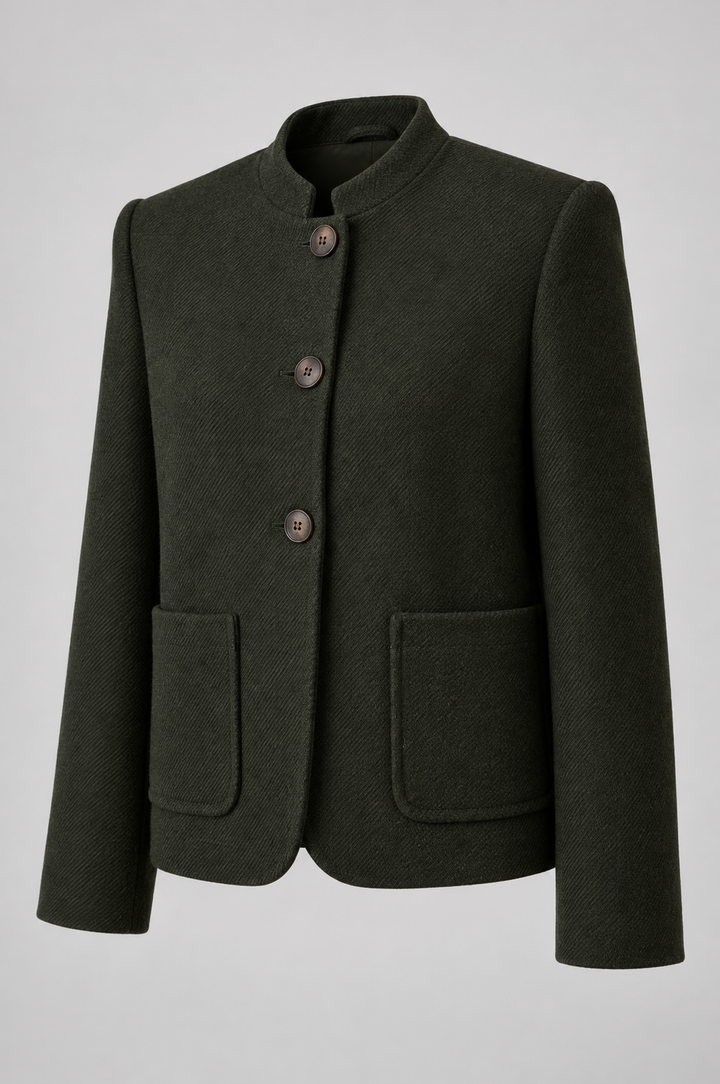 Veste vert foncé à col officier et poches plaquées, pièce isolée de trois quarts