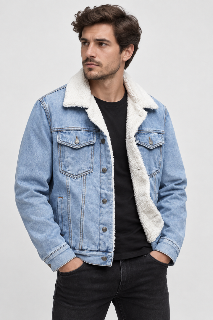 Homem com casaco de ganga azul claro e gola sherpa, vista frontal