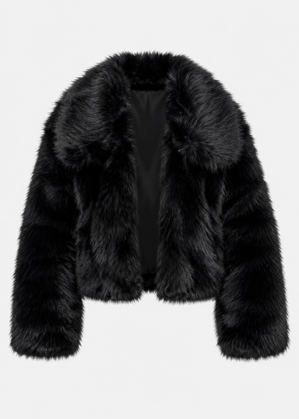 Veste courte en fausse fourrure noire, pièce isolée de face