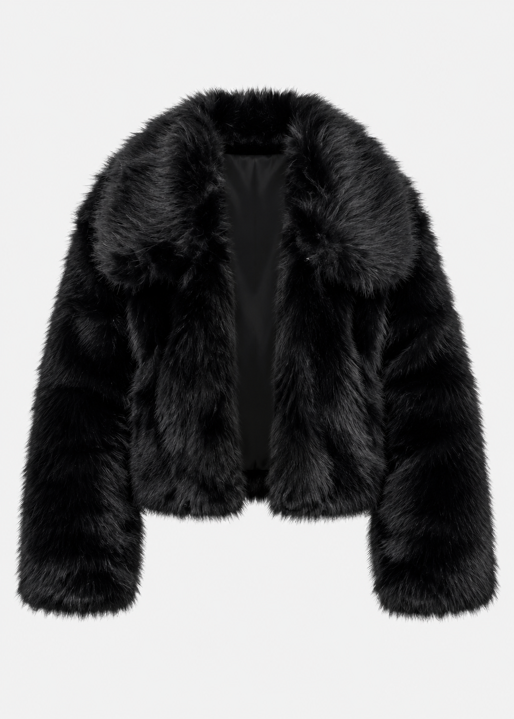 Veste courte en fausse fourrure noire, pièce isolée de face