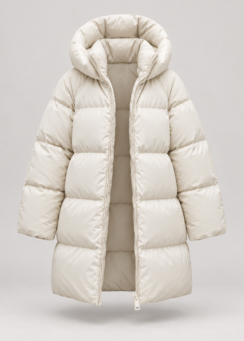 Veste matelassée beige clair à capuche, pièce isolée vue de face