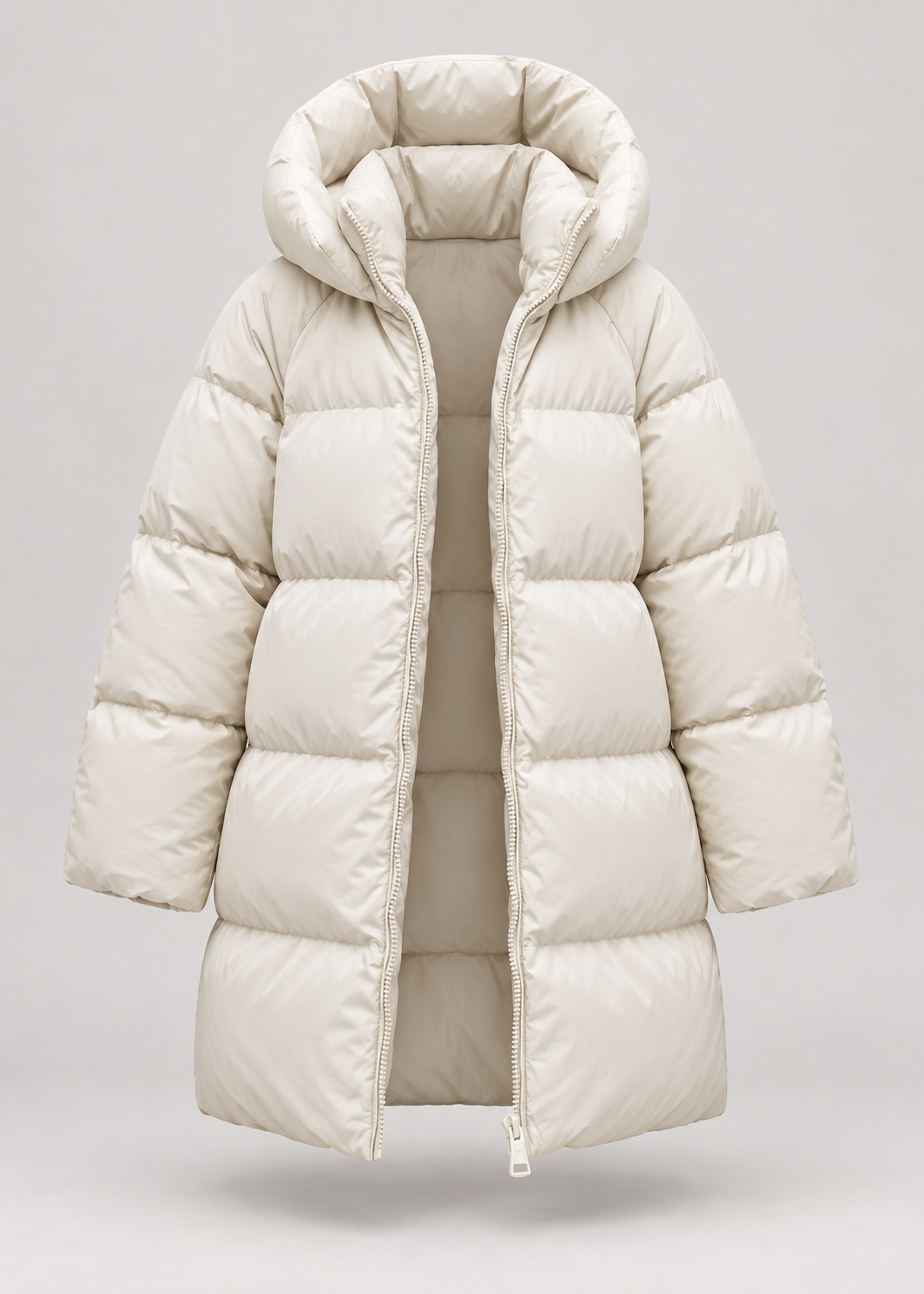 Veste matelassée beige clair à capuche, pièce isolée vue de face