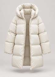 Veste matelassée beige clair à capuche, pièce isolée vue de face