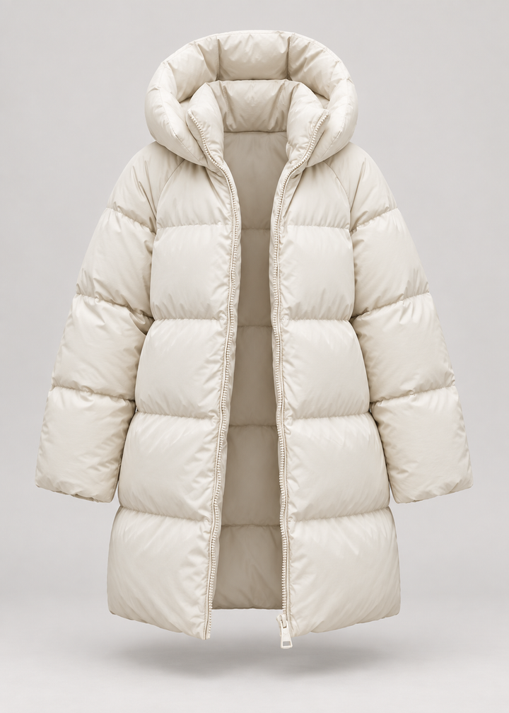 Veste matelassée beige clair à capuche, pièce isolée vue de face