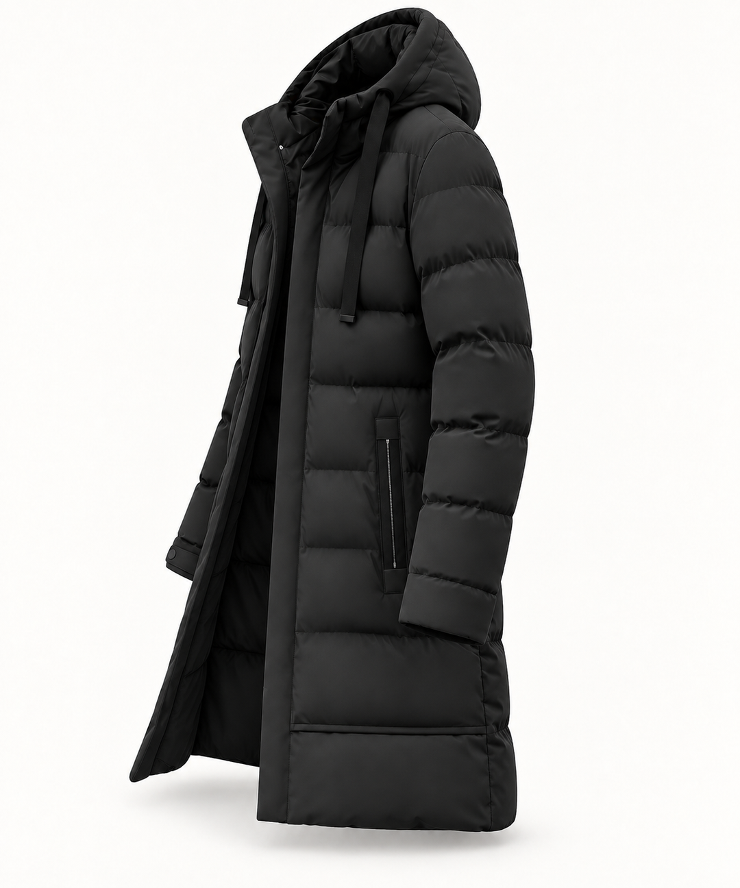 Veste matelassée noire à capuche isolée, vue de trois quarts