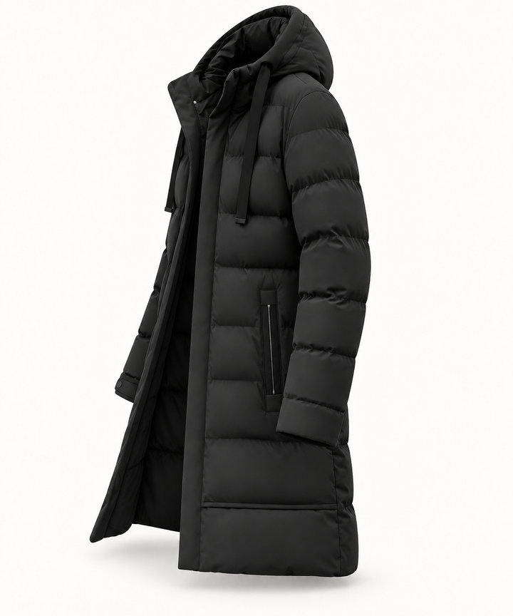 Veste matelassée noire à capuche isolée, vue de trois quarts