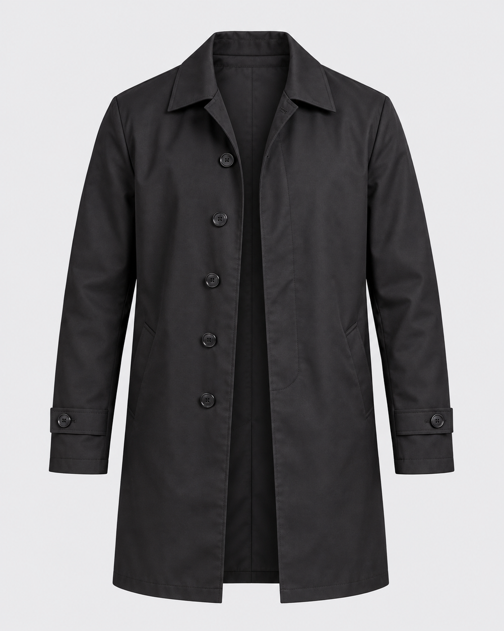 Veste mi-longue noire boutonnée, vue isolée de face