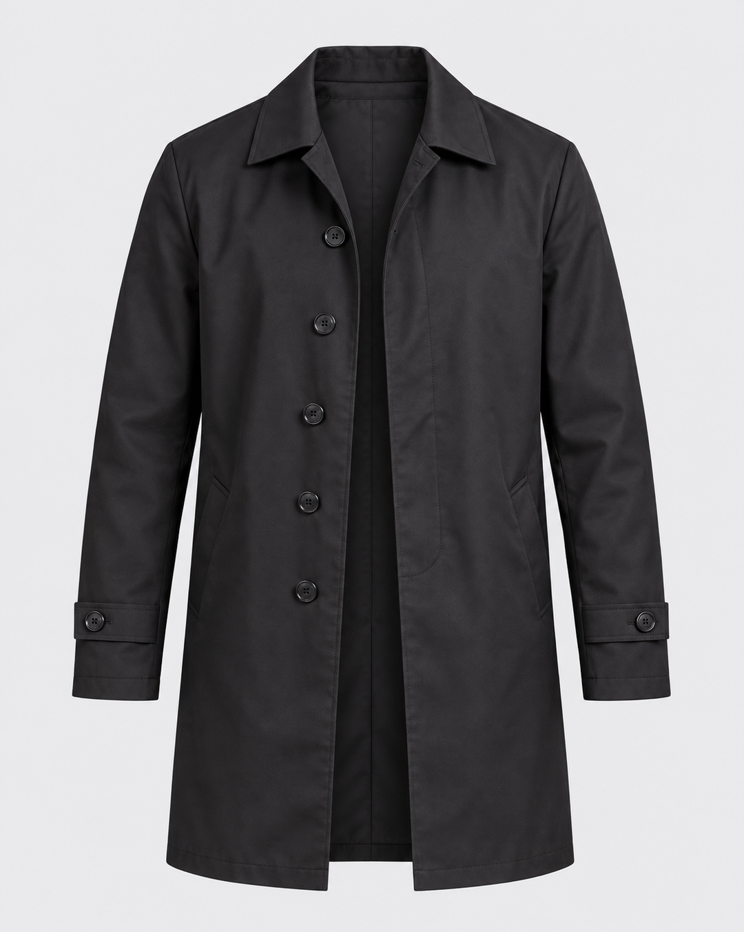 Veste mi-longue noire boutonnée, vue isolée de face
