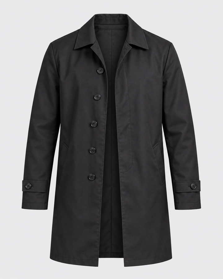 Veste mi-longue noire boutonnée, vue isolée de face