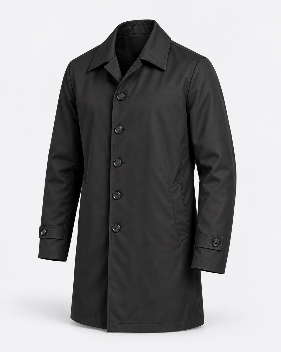 Veste mi-longue noire boutonnée, vue isolée de trois quarts