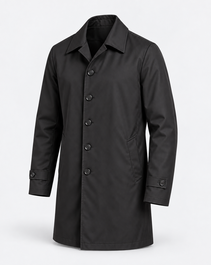 Veste mi-longue noire boutonnée, vue isolée de trois quarts