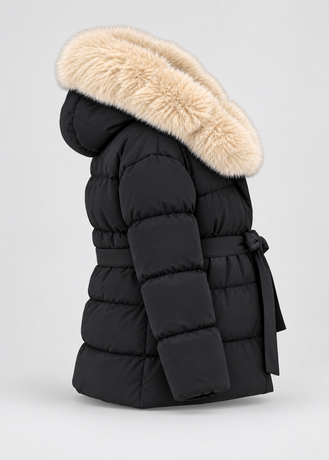 Veste matelassée noire à ceinture et col duveteux, pièce isolée vue de profil et de dos