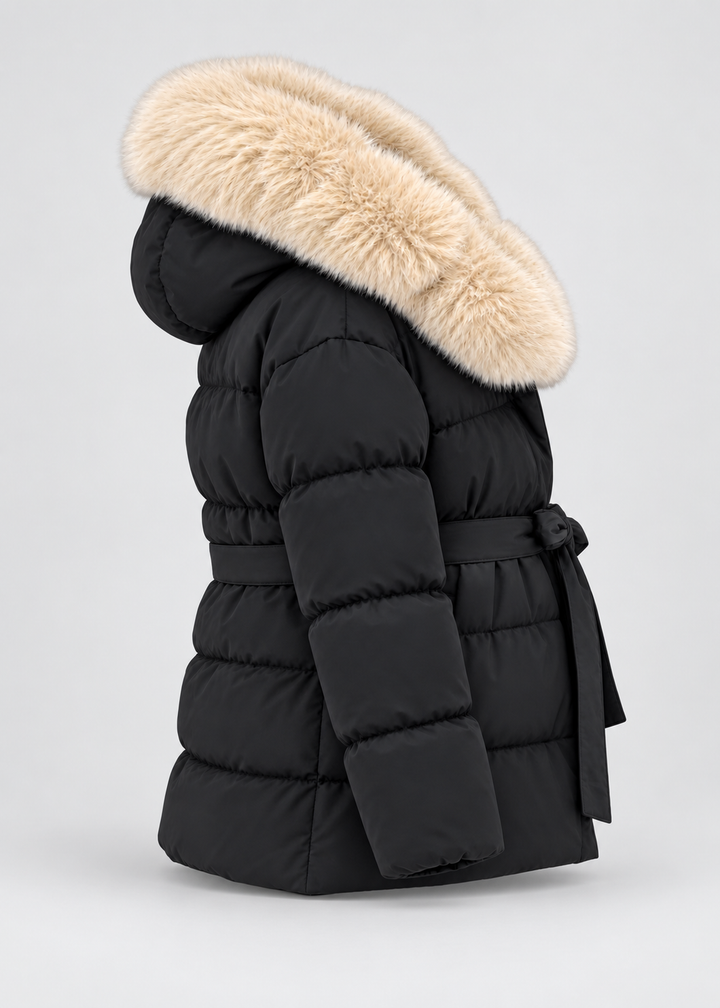 Veste matelassée noire à ceinture et col duveteux, pièce isolée vue de profil et de dos