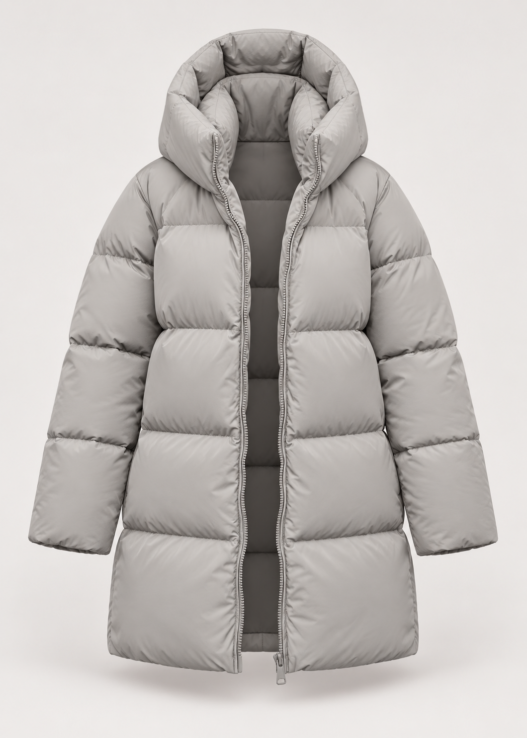 Veste matelassée taupe clair à capuche, pièce isolée vue de face