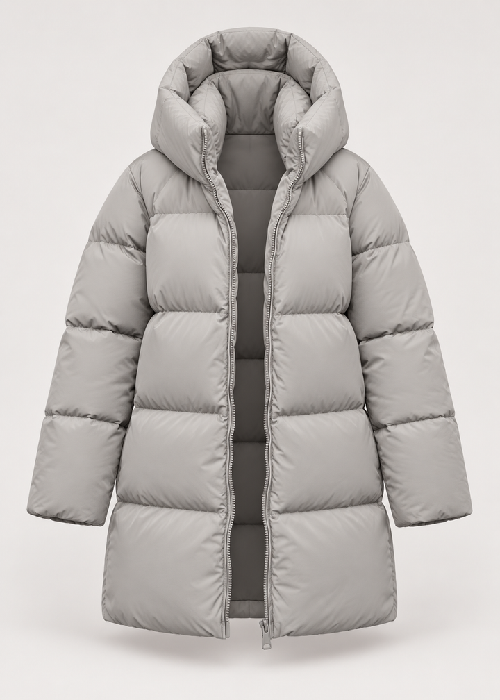 Veste matelassée taupe clair à capuche, pièce isolée vue de face