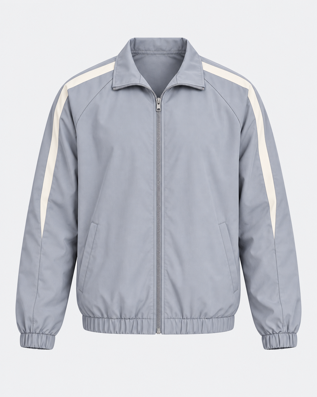 Veste zippée gris clair à bandes contrastées, pièce isolée de face