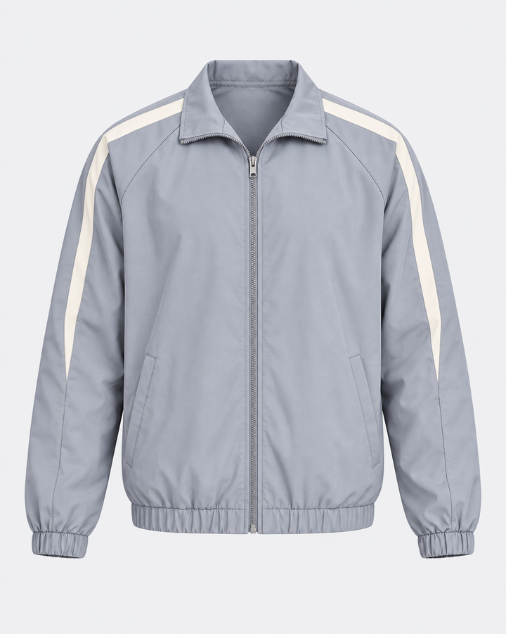 Veste zippée gris clair à bandes contrastées, pièce isolée de face