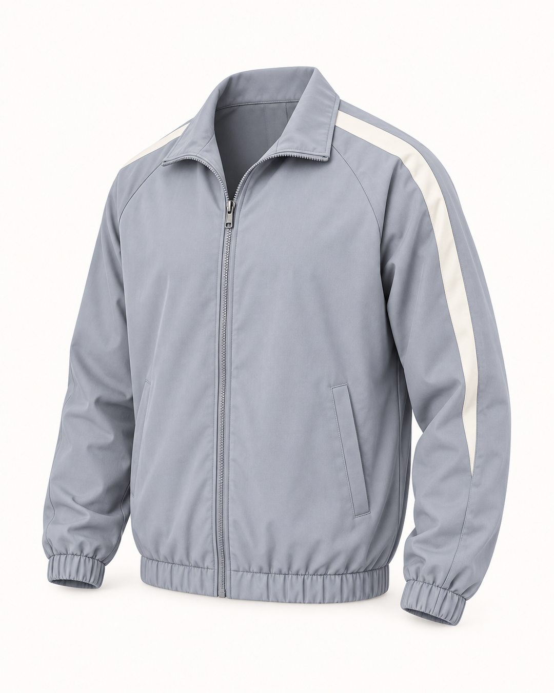 Veste zippée gris clair à bandes contrastées, pièce isolée de trois quarts