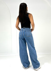 Jean bleu taille haute à jambes larges, vue de dos