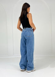 Jean bleu taille haute à jambes larges, vue de dos