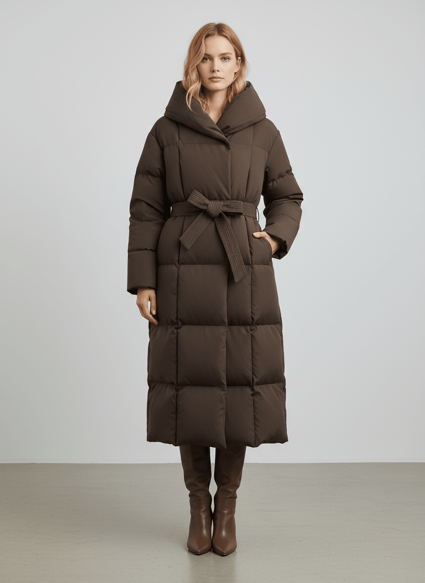 Manteau matelassé brun à capuche et ceinture — vue portée en pied.
